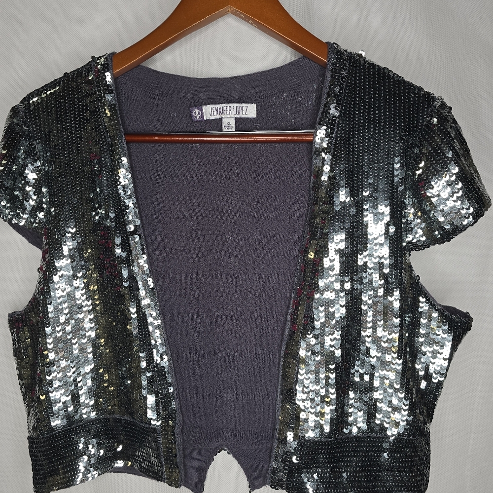 JLO Jennifer Lopez Top Silver Sequin Short Sleeve Open Front Party Holiday XL